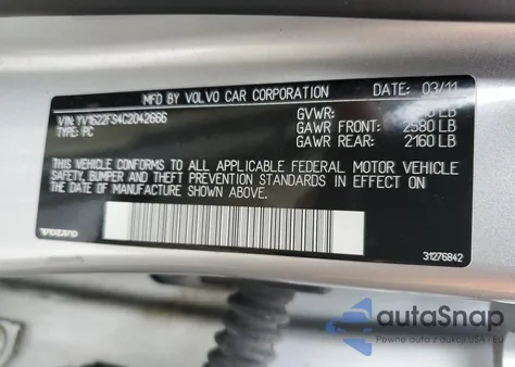 2012 Volvo S60 T5 z USA, uszkodzony, nr VIN YV1622FS4C2042666